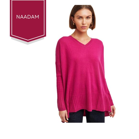 NAADAM 100% Cashmere V-Neck Boyfriend Pullover in Hibiscus. Size Small. - Picture 1 of 7